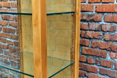 custom glass shelves with wooden edge